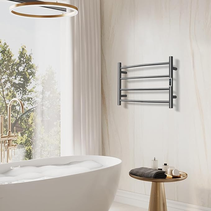 Towel Warmer with Built-in Timer Bathroom Wall Mounted Bath Towel Heater Plug-in Electric Heated Towel Rack Stainless Steel Curved Round Oil Rubbed Drying Rack 16.54x23.62x5.51 inches Gunmetal