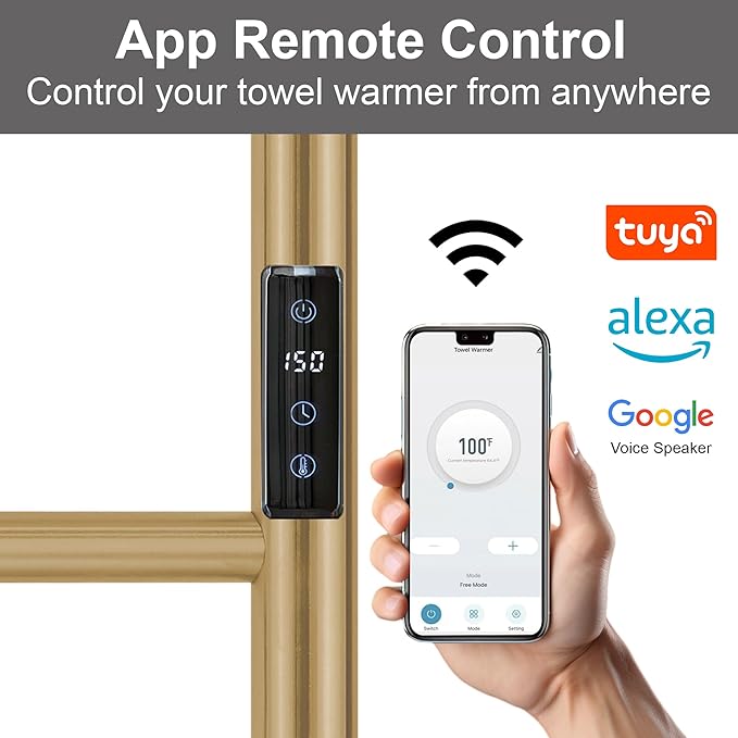 Electric Towel Rack with Voice Control for Alexa & Google Home,TUYA-Wall-Mounted Bathroom Heating Towel Warmer,Stainless Steel Material,31.5x20.08x4.41in,Plug-in,Gold，10 Bars