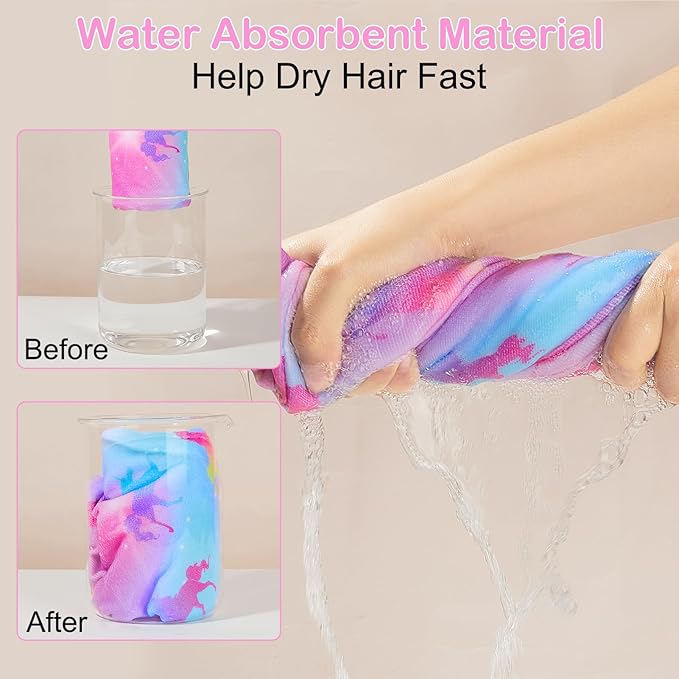 Basumee Microfiber Hair Towel Wrap for Kids 2 Pack Rapid Drying Hair Towel with Button Hair Turbans for Wet Hair Wraps Head Towel Wrap for Women and Girls, Colorful Unicorn