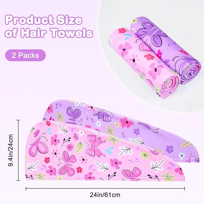 FIOBEE Microfiber Hair Towel Wrap for Kid Rapid Drying Towel Absorbent Hair Turbans for Wet Hair with Button Women Girls Long Curly Hair Pack of 2, Pink/Purple Butterfly