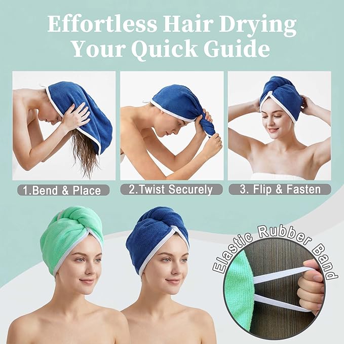 VOOVA & MOVAS Green & Navy Microfiber Hair Towel Wrap for Women 2-Pack, Super Absorbent Quick Dry Hair Towels Turban for Wet Hair After Shower, Soft Lightweight Hair Wraps