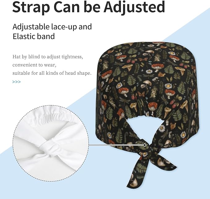Scrub Cap for Women and Men Boho Black Leaf Pattern Adjustable Breathable Sweatband Hat for Work Kitchen Spa Shower Daily Use