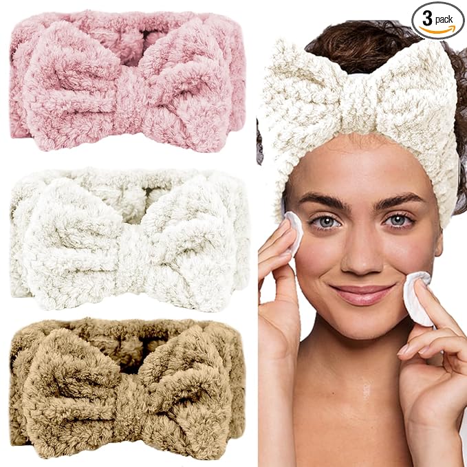 LAPOHI 3 Pack Microfiber Bowtie Headbands for Washing Face, Makeup, Yoga & Sports - Women & Girls