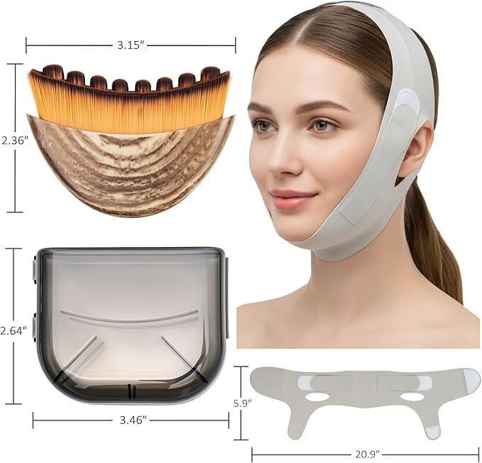 Lymphatic Contour Face Brush & V Line Lifting Mask, 2Pcs: Dry Brush Lymphatic Drainage Massager & Green Chin Strap for Sleeping, Jawline, Chin Sculpting and Lifting Set, Skin Care Gifts for Women