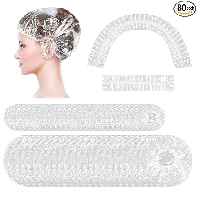 MORGLES 50 Pcs Ear Covers for Shower with 80 Pcs Shower Caps, Waterproof Ear Covers and Large Disposable Plastic Caps for Bathing, Hair Dye, Conditioning in Home Hotel Travel