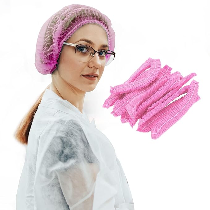 100 Pack 21" Disposable Nonwoven Bouffant Caps Hair Net for Hospital Salon Spa Catering and Dust-free Workspace (pink)