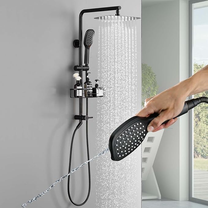 SonTiy Retrofit Rain Shower System Wall Mount, Oil Rubbed Bronze 12 Inch Rain Shower Head with Handheld Jet Spray with Slide Bar, Shower Caddy & Solid Brass Rail for Tall People