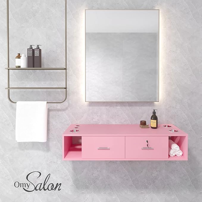 OmySalon Locking Wall Mount Styling Station, Beauty Barber Spa Equipment, Salon Cabinet Station for Hair Stylist,Bathroom Dresser with 5 Hair Dryer Holders,Pink