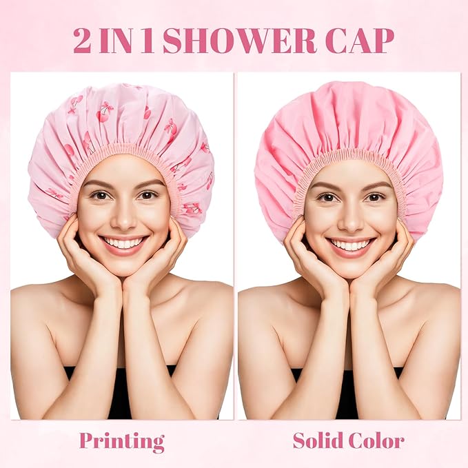 Large Double-Sided Shower Cap for Women, 2-in-1 Reusable Waterproof Cherry Print Bath Cap Pink Mothers Day Gifts from Daughter for Mom Women Girls Long Thick Hair
