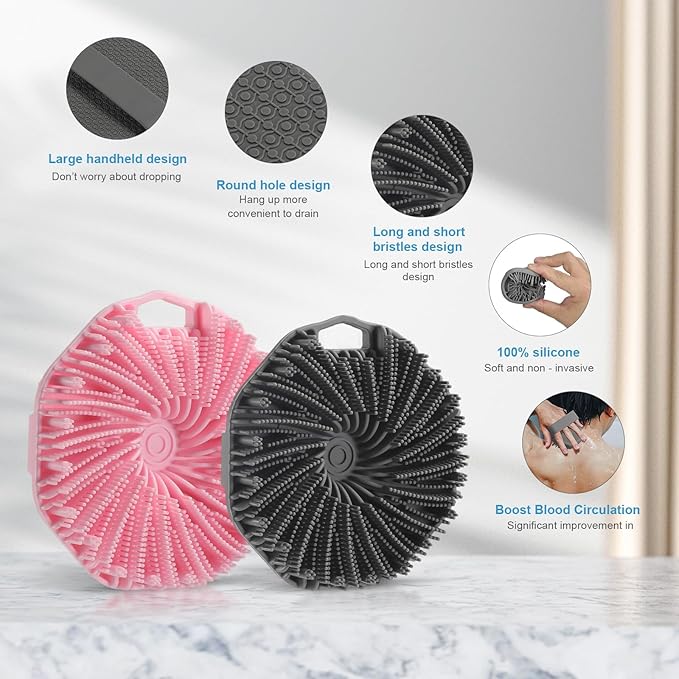 2Pcs Silicone Body Scrubber,Exfoliating Body Scrubbers for use in Shower,Silicone Body Brush for Showering and Anti-Slippery Handles for All Skin Types,Eco Friendly Shower Scrubber for Body (Pink)