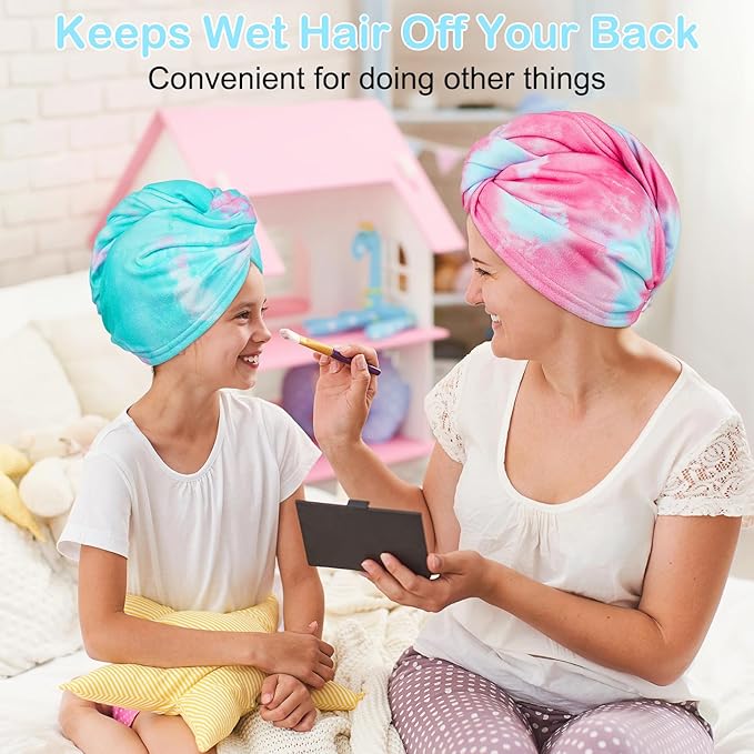 Basumee Microfiber Hair Towel Wrap for Kids 2 Pack Rapid Drying Hair Towel with Button Hair Turbans for Wet Hair Wraps Head Towel Wrap for Women and Girls