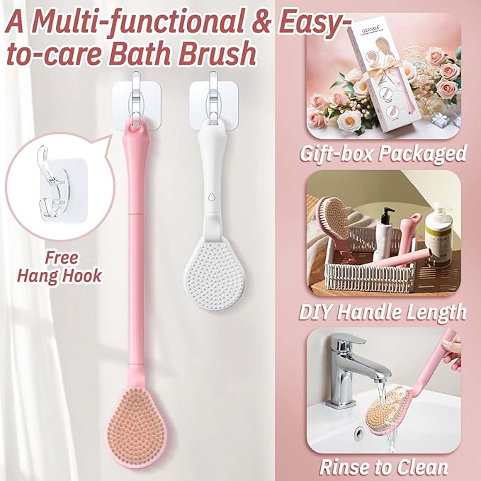 Back Scrubber for Shower, 19’’ Detachable Long Handle Shower Body Scrubber for Wet or Dry Brush, Adjustable 2-in-1 Back & Body Brush with Medium Soft Bristles for Deep Cleaning(Pink)