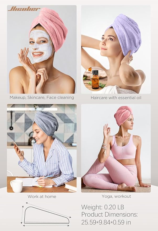 Hicober Microfiber Hair Towel, 3 Packs Hair Turbans for Wet Hair, Drying Hair Wrap Towels for Curly Hair Women Anti Frizz (Pink,Purple,Grey)
