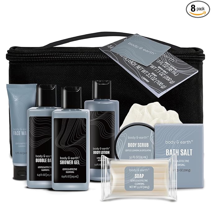 Gift Baskets for Men Bath Set Body & Earth Leathers Mens Body Wash Set with Body Lotion, Face Wash, Shower Gel, Bubble Bath, Loofah, Regalos Para Hombre, Birthday Fathers Day Gifts