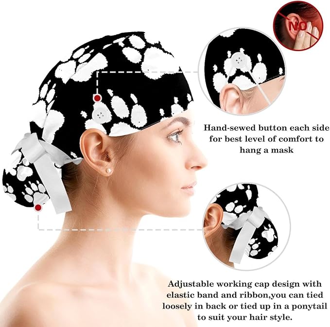 Ethnic Aztec Pattern Adjustable Scrub Cap Hat with Button, Working Hat Sweatband with Bow Hair Scrunchy for Woman