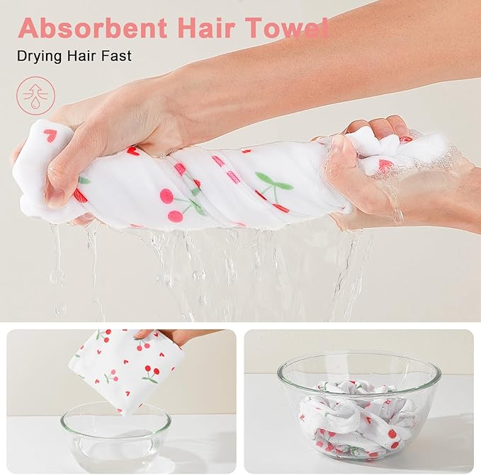 Unicorn Castle Microfiber Hair Towel for Kids 2Pack Hair Wrap Towels Absorbent Hair Drying Towel Wrap Hair Turbans for Curly Thick Hair, Pink White Cherry