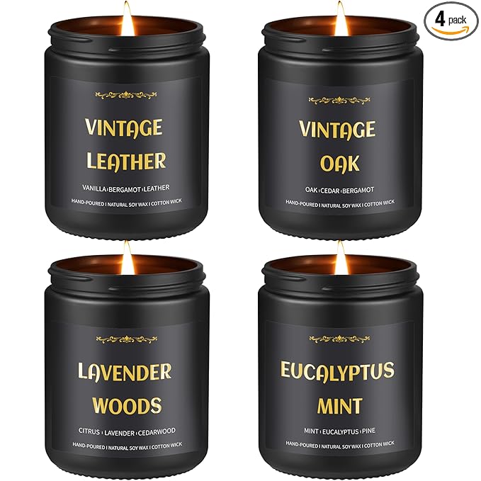 Scented Candles for Men, 4 Pack Mens Candle Set, Soy Candles for Home Scented, Masculine Candle for Him, 28oz, 200 Hours Burning Time Aromatherapy Candles of Lavender/Eucalyptus/Leather/Oak