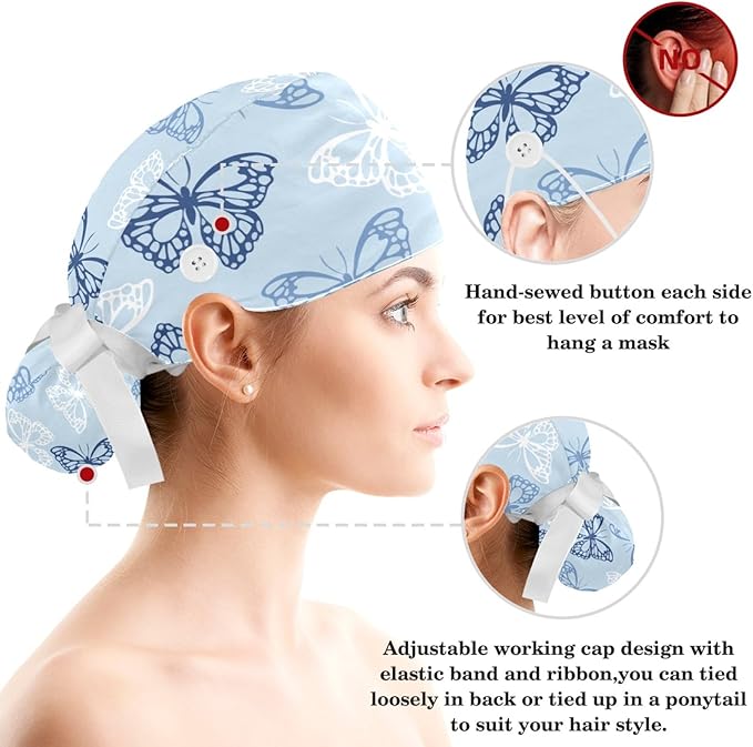 Women Working Cap with Buttons Bouffant Hat Autumn Leaves Nurse Scrub Caps Long Hair