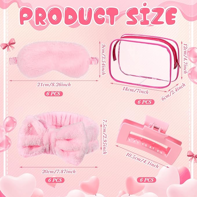 Hoteam 24 Pcs Spa Party Favors Supplies 6 Spa Headband 6 Plush Sleep Eye Mask 6 Hair Claw Clips 6 Clear Cosmetic Bags for Adult Sleepover Slumber Party Graduation Gift(Pink)