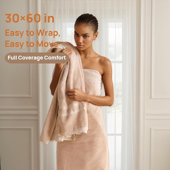 Bath Towels 4 Pack, 30 x 60 Inches, Large 100% Cotton Towels, Soft, Absorbent, Comfortable for Home, Spa, and Gym, (Beige)