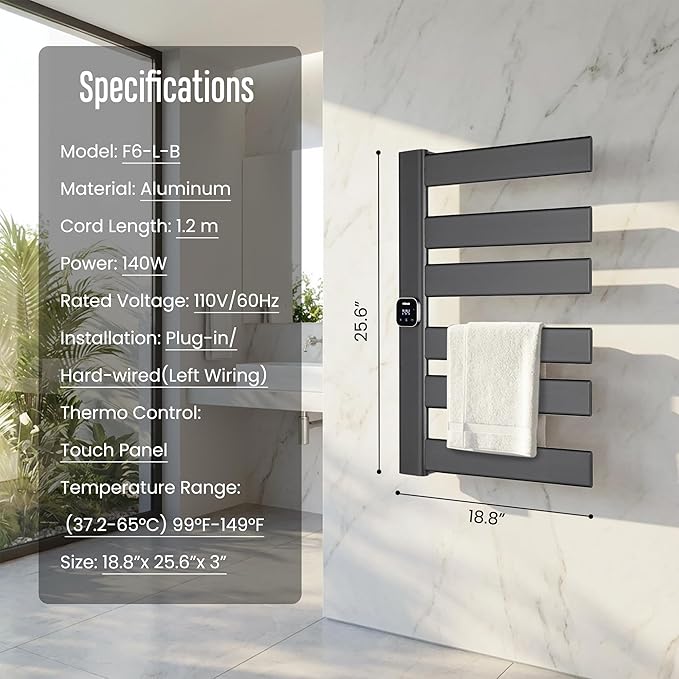 Towel Warmer, Heated Towel Rack with Built-in Timer and Temperature Control,Hard-Wired(Left-Wiring)/Plug-in Wall-Mounted Towel Rail, Aluminum，18.8" W X 25.6" H, Black