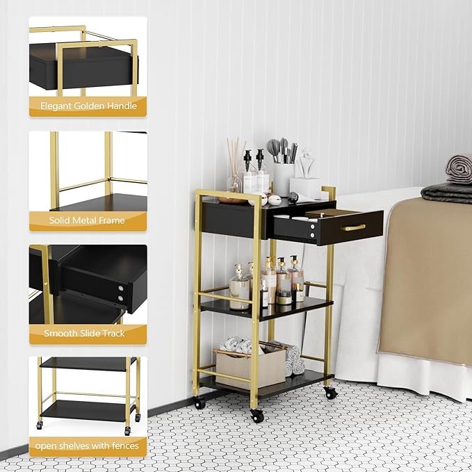 Salon Trolley Cart with Wheels, Esthetician Cart with 1 Drawer & 2 Trays, Mobile Storage Organizer for Beauty Spa Massage Tattoo Esthetic Facial Tool Holder Station, Black Gold