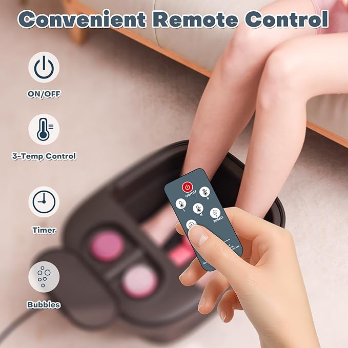 Collapsible Foot Bath, Foot Spa Bath Massager with Heat, Bubble, Remote Control, Temperature Control, 3 Pedicure Attachments, Feet Soaking Tub for Stress Relief