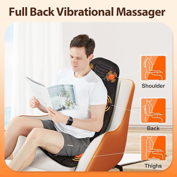Back Massager with Heat, Cooling Back Massager for Chair, Chair Massager for Full Body Massage, Deep Tissue Vibration Pad with 6 Vibration Nodes, Jet-Black