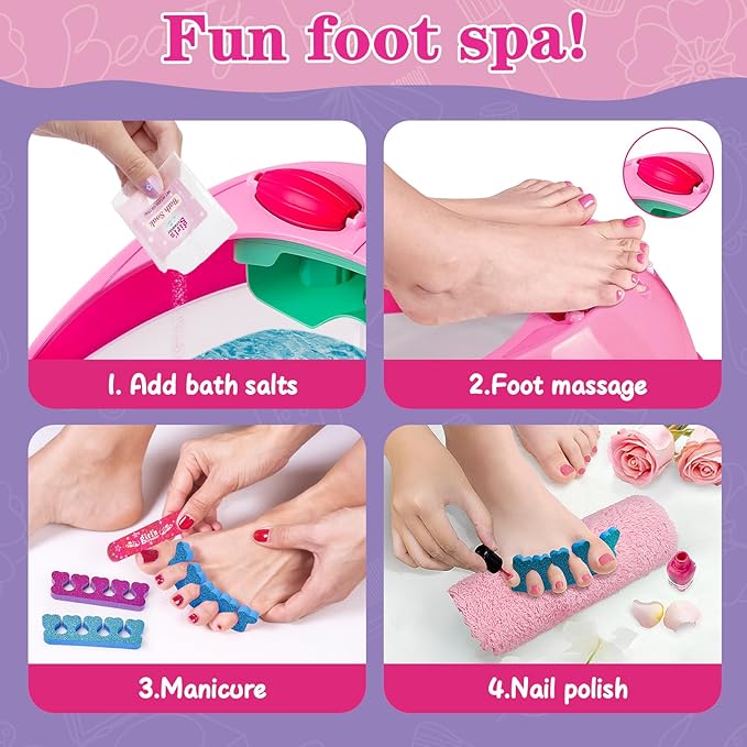 Kids Foot Spa & Nail Kit Set, Kids Spa Day Kit for Girls, Massage Foot Soak Tub and Nail Dryer, Toys Manicure Pedicure Art Salon Girl Gift for 5 6 7 8-12, Christmas Birthday Gifts