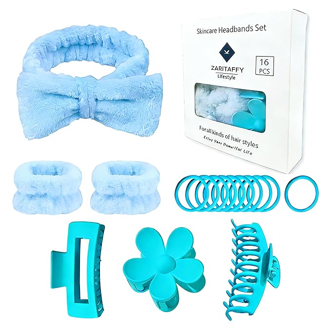 16pcs Skincare Headband Set, Headband Set for Face Washing Spa and Makeup, Including 1 Hairband, Wristband, 3 Hair Claw Clips and 10 Hair Ties, with Box, Gift for Women and Girls, Blue