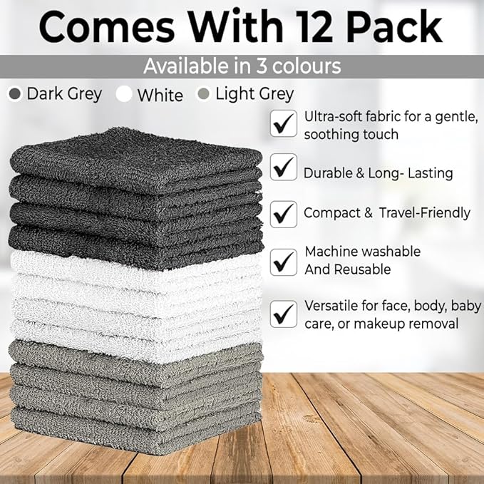 QUBA LINEN 100% Cotton Washcloth Set – Soft, Absorbent Face Towels for Bathroom & Gym Use –Reusable, Durable & Machine Washable - Dark Grey, White & Light Grey, 12x12 Inches, Pack of 12