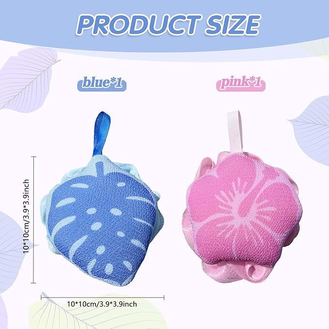 2Pcs Hawaiian Bath Sponge Loofah, Floral Leaf Shower Sponge Gentle Exfoliating Body Brush Tropical Print Bath Loofah,Loofah Sponge for Bathroom Beach Men Women and Children