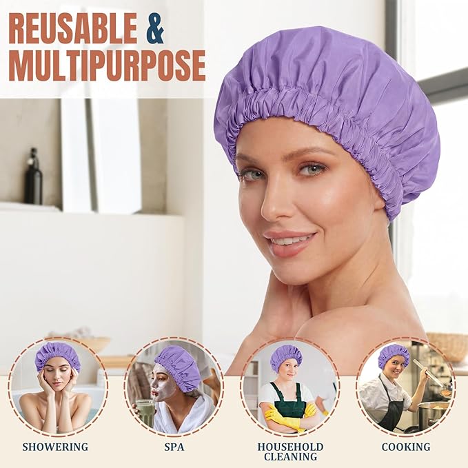 Reusable Shower Cap for Women, Large Waterproof Shower Bonnet with Elastic Band, Washable Bath Hair Cap for Long, Curly Hair, Braids, Daily Shower, Home Spa, Travel(Purple)