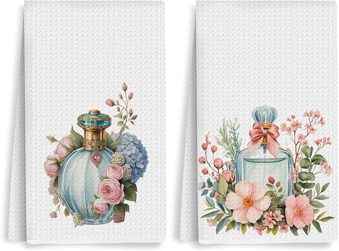 2PCS Perfume Bottle Floral Gifts for Women Kitchen Towels, Romantic Gifts Reusable Absorbent Waffle Weave Dish Tea Towels for Bathroom, Perfume Bottle Microfiber Kitchen Towel, Housewarming Gift