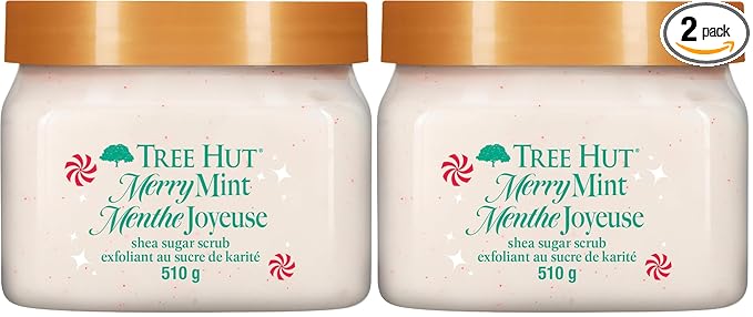 Tree Hut Merry Mint Shea Sugar Scrub, Exfoliating, Hydrating & Moisturizing Body Scrub with Shea Butter & Nourishing Essential Oils, Smooth & Soften Skin, Limited Edition Holiday, 18 oz (Pack of 2)