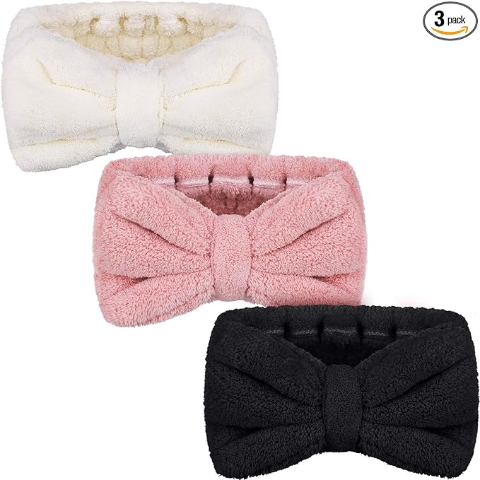 3 Pieces Wash Face Headband Makeup Spa Headband Towel Terry Hair Bands Microfiber Bowtie Shower Facial Adjustable HairBand for Women (Pink, Blue, White)