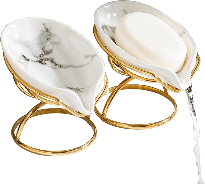 Dobbyby Leaf-Shaped Soap Dish – Ceramic Soap Bar Holder with Self-Drainage System – Bar Soap Holder for Shower, Bathroom Sink, Kitchen – Soap Dish with Stainless Steel Stand (White-Gold-2 Pack)