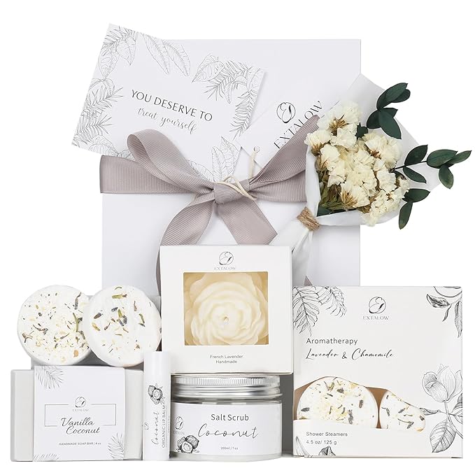 EXTALOW Spa Gifts for Women Bath and Body Gift Basket Mothers Day Gifts Coconut Lavender Home Spa Set Self Care Gift for Mom Sister Her Wife Birthday Gifts Spa Kit Care Package Thank You Gift