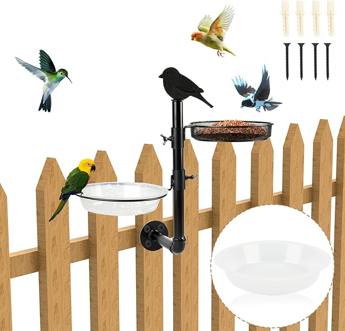 Wall-Mounted Bird Feeder with Metal Seed Tray and 2 Bath Bowls - Great for Porch or Fence, Attracts Wild Birds