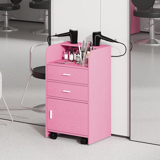 4ever2buy Salon Station for Hair Stylist, Pink Beauty Barber Station, Salon Trolley Cart with Wheels, Mobile Organizer for Salon, Spa, Barbershop, Nail & Beauty Tools, Pink