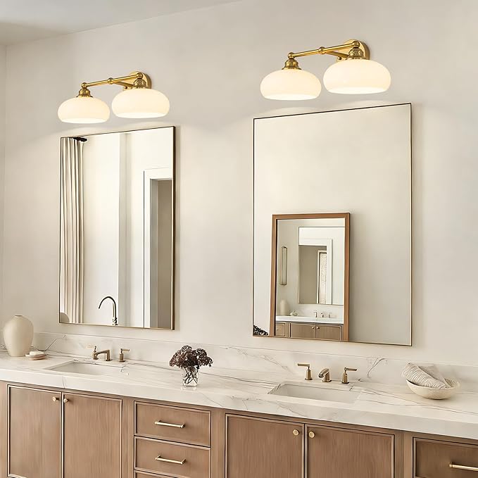 GoYeel Bathroom Light Fixtures Over Mirror, Vintage Gold Double Arm Vanity Lighting Fixtures 2 Light Antique Wall Light Fixture with Glossy Milk White Glass Shade for Bathroom, E26 Base