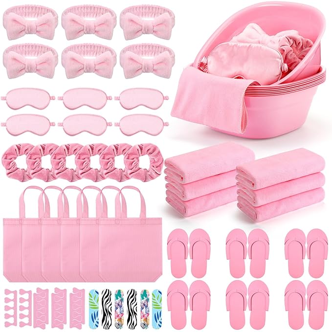 Thiccywoov 54Pcs Kids Foot Spa Party Supplies for Girl Spa Party Favors 6 Washbasin 6 Tote Bags 6 Hand Towels 6 Toe Separators 6 Hair Scrunchies 6 Hairband 6 Slipper 6 Eye Mask 6 Nail File (Pink)