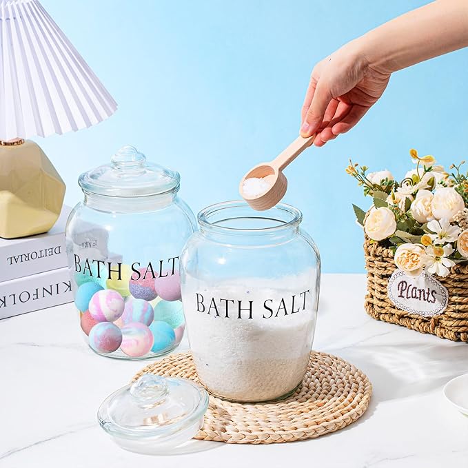 SiliFine 2 Sets 74 oz Bath Salt Container with Airtight Lid and Scoop Big Glass Jar with Wooden Scoop for Bath Flour Salt Candy Tea(Printed)