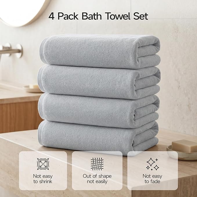 ecolook Bath Towels Set of 4,100% Cotton,27 x 55 Inches,Quick-Drying & Absorbent,Soft,Lightweight Towels for Bathroom,Shower,Spa, Gym & Hotel,Light Gray