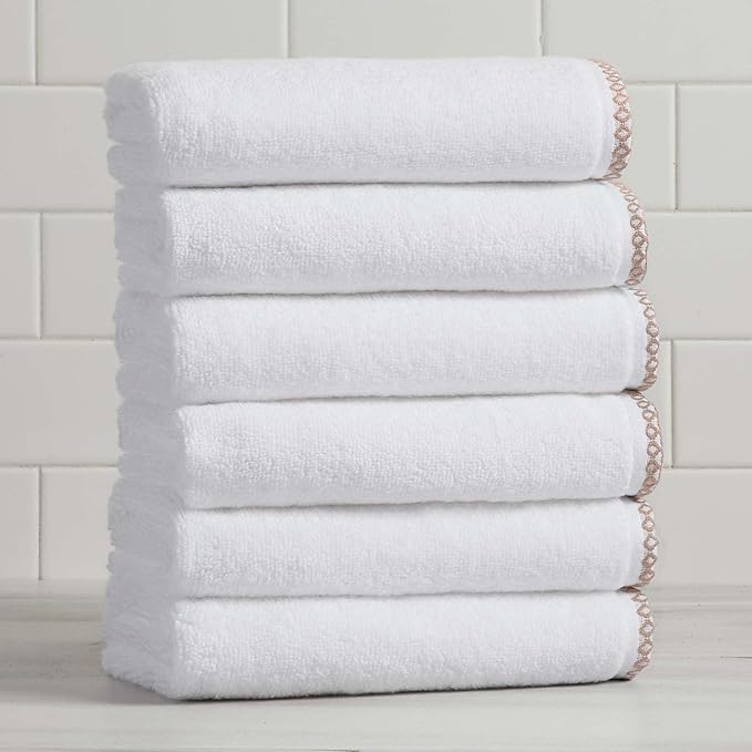Great Bay Home White/Rosewood Hand Towel Set - Ultra-Soft Cotton, Boho-Chic Border Design - 6 Hand Towels (28" x 16") - Absorbent, Quick-Dry, Lightweight Bathroom Towels