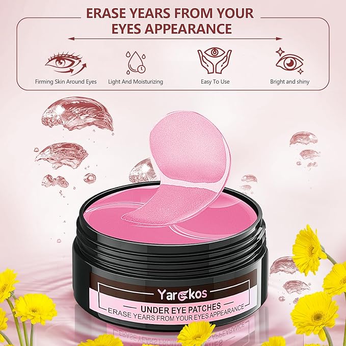 Pink Eye Mask 60Pcs, 5 Portable 24K Gold Collagen Under Eye Patches, 30 Pairs Hydrating Undereye Gel Pads for Women Men Dark Circles Puffy Eyes Puffiness Wrinkle Eye Bag Treatment