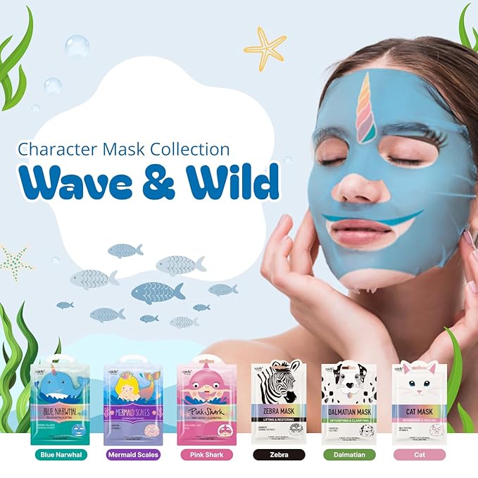 Epielle Character Face Mask Wave & Wild 12 Pack, Fun & Effective Korean Skin Care, Spa Party Favors, Mothers Day Gifts, Birthday Gifts for Women, Self Care Gifts