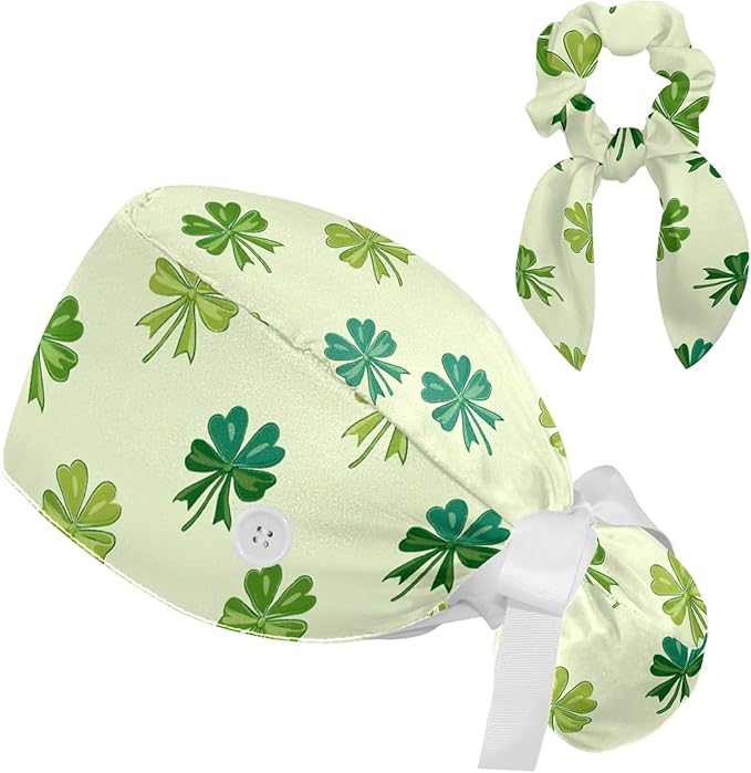 Scrub Caps Women Ponytail Cute Pink and White Leaves Caps Bouffant Working Hat Elastic Tie Back Hats with Button