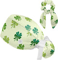 Scrub Caps Women Ponytail Cute Pink and White Leaves Caps Bouffant Working Hat Elastic Tie Back Hats with Button