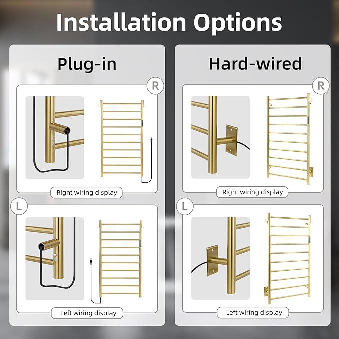 P&Dlusir Towel Warmer, Heated Towel Rack with Smart Timer and Thermo Control, Wall-Mounted Heated Towel Rail, Stainless Steel, Hard-Wired/Plug-in, Brushed Gold, 10 bar